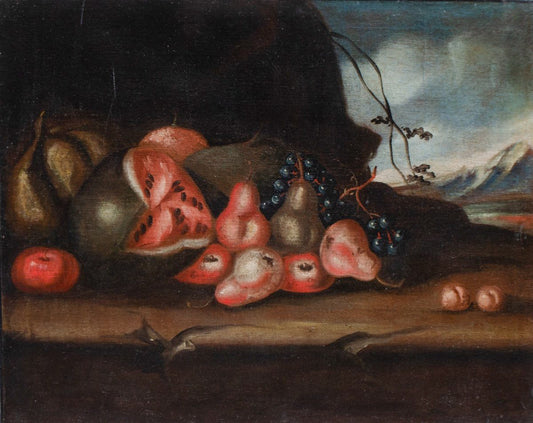 Still Life With Watermelon, Pears, And Grapes. Lombard School Of The 17th-18th Centuries.