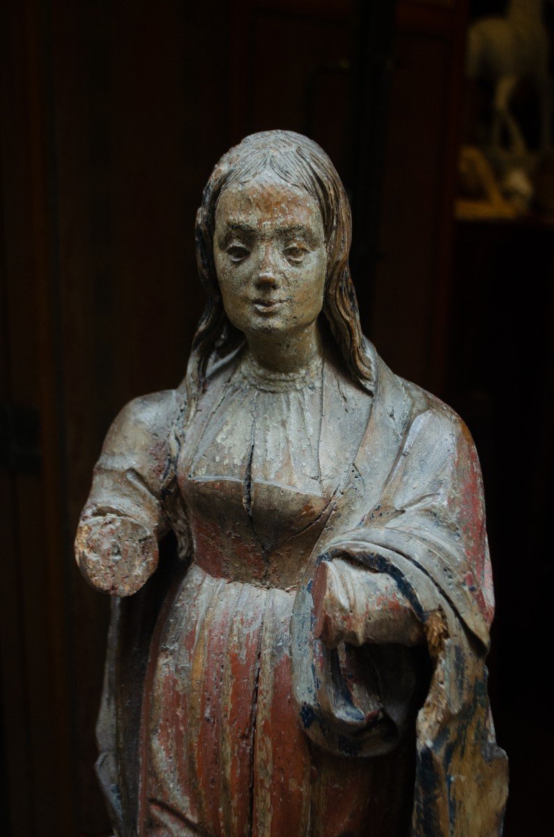 Madonna. Sculpture In Carved Polychrome Wood. Late Renaissance.