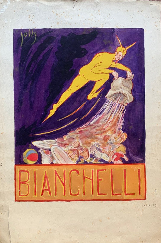 Art Déco Advertisement For Bianchelli Stores, Rome, 1929: Watercolor With Impish Figure And Toy