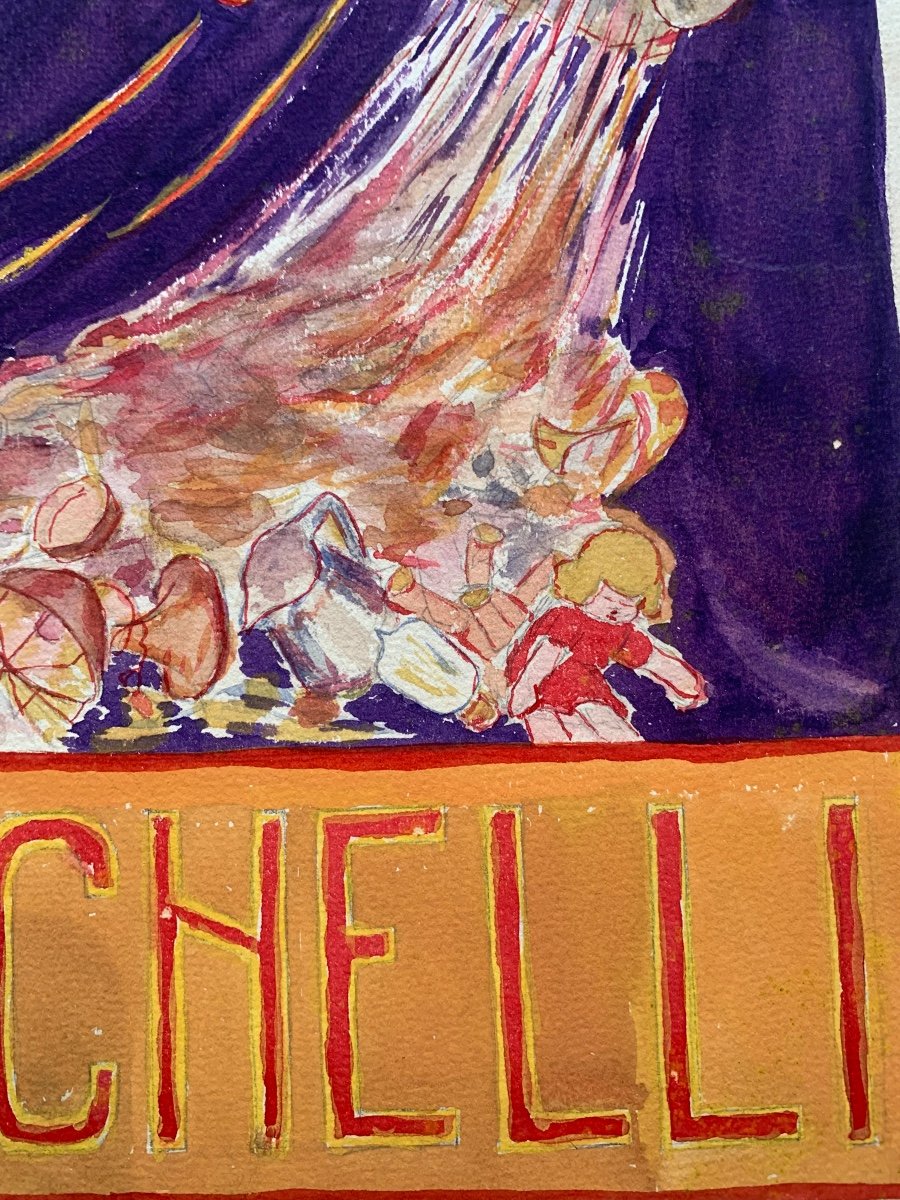 Art Déco Advertisement For Bianchelli Stores, Rome, 1929: Watercolor With Impish Figure And Toy