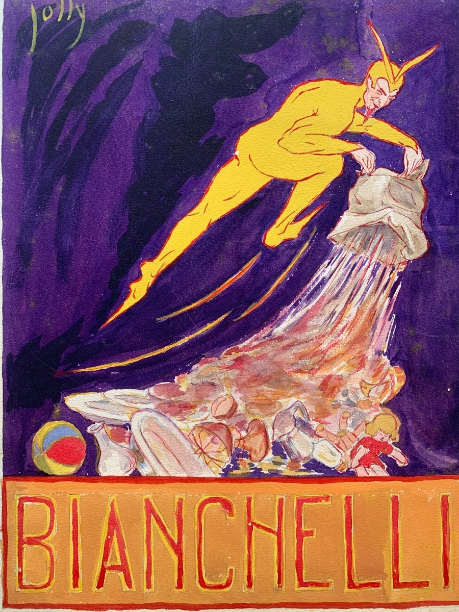 Art Déco Advertisement For Bianchelli Stores, Rome, 1929: Watercolor With Impish Figure And Toy