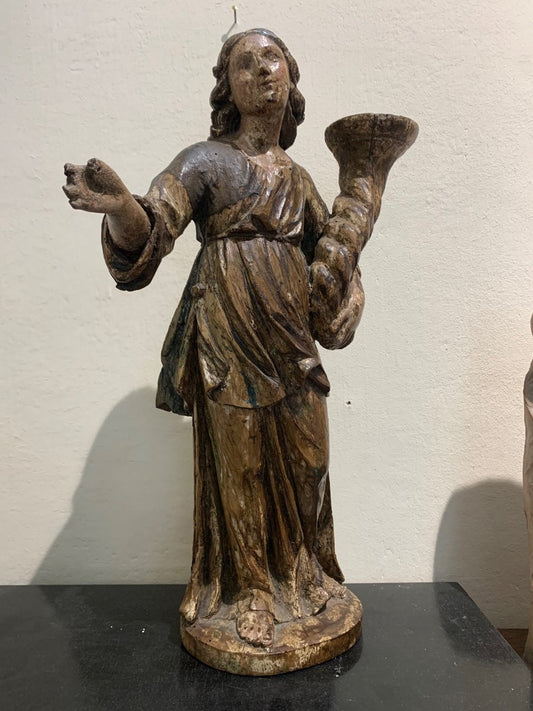 Angel candle holder, polychrome wooden sculpture, 17th century