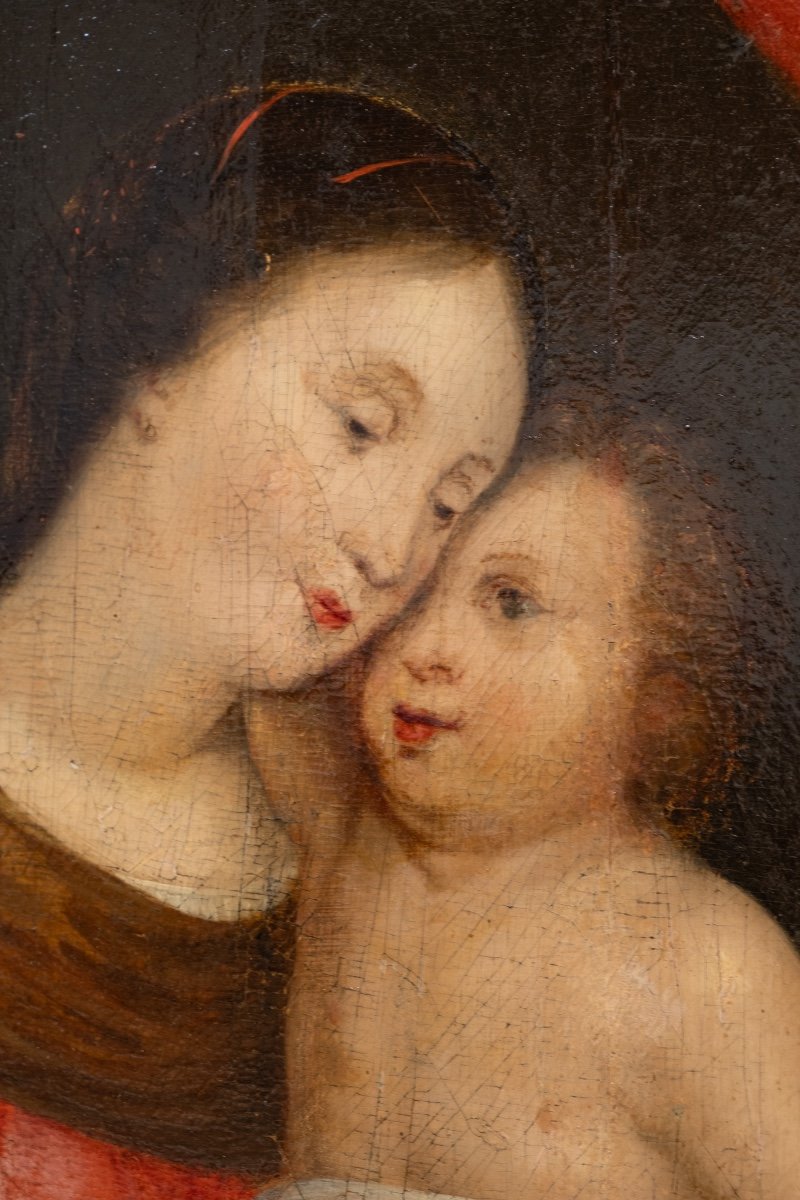 Madonna With Child And Red Drapery, Flemish School, Oil On Oak Panel, 17th Century