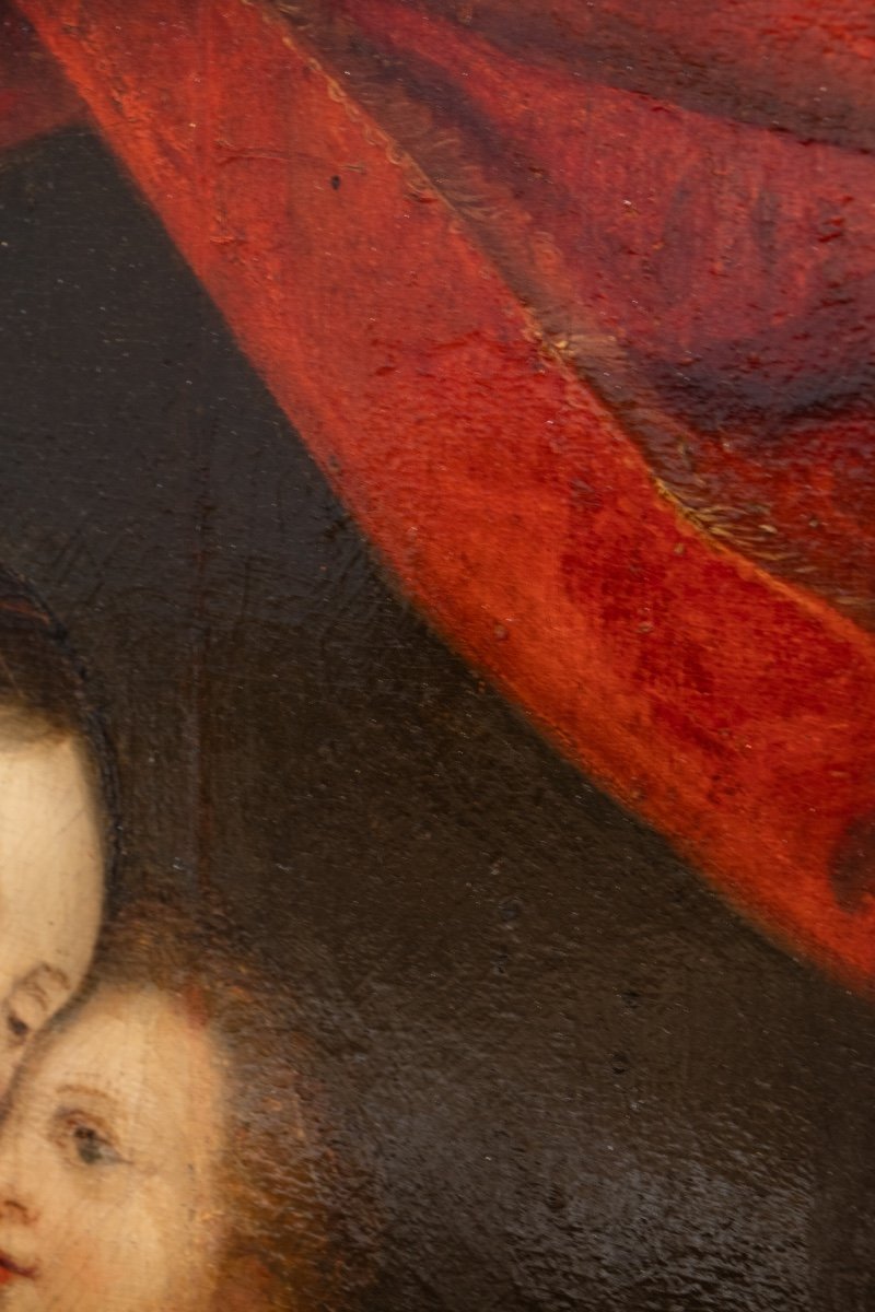 Madonna With Child And Red Drapery, Flemish School, Oil On Oak Panel, 17th Century