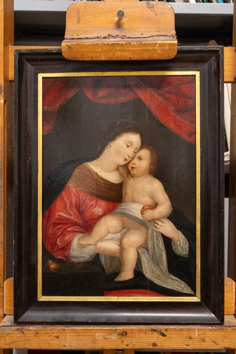 Madonna With Child And Red Drapery, Flemish School, Oil On Oak Panel, 17th Century