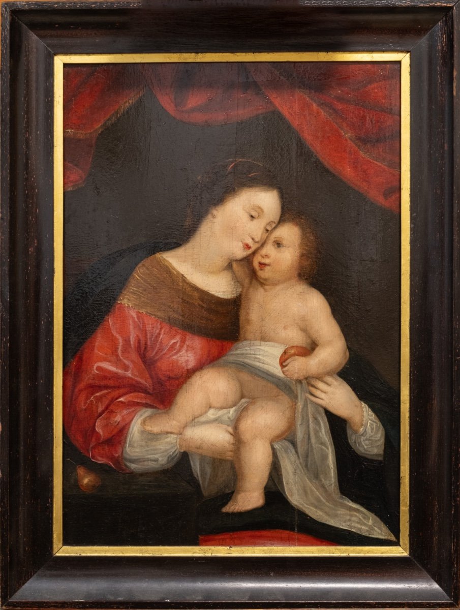 Madonna With Child And Red Drapery, Flemish School, Oil On Oak Panel, 17th Century