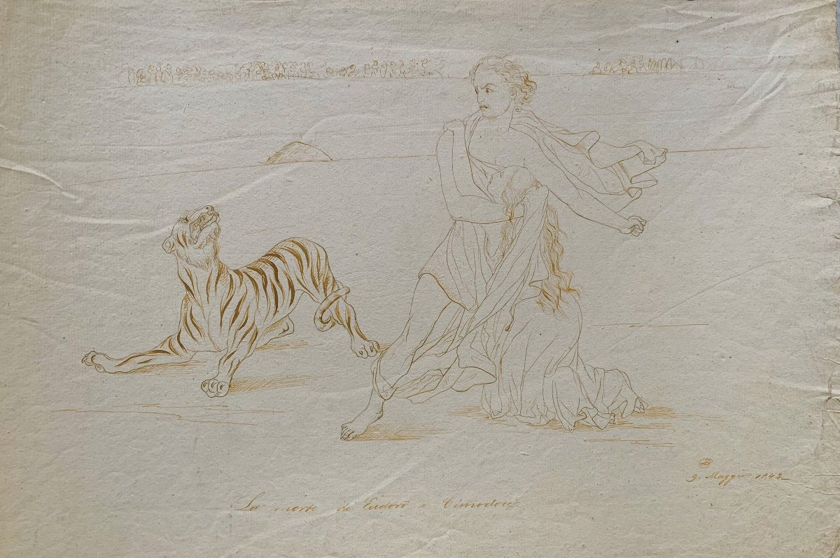 Heroic Combat With A Tiger By A Figure In Classical Attire - Dated 1845