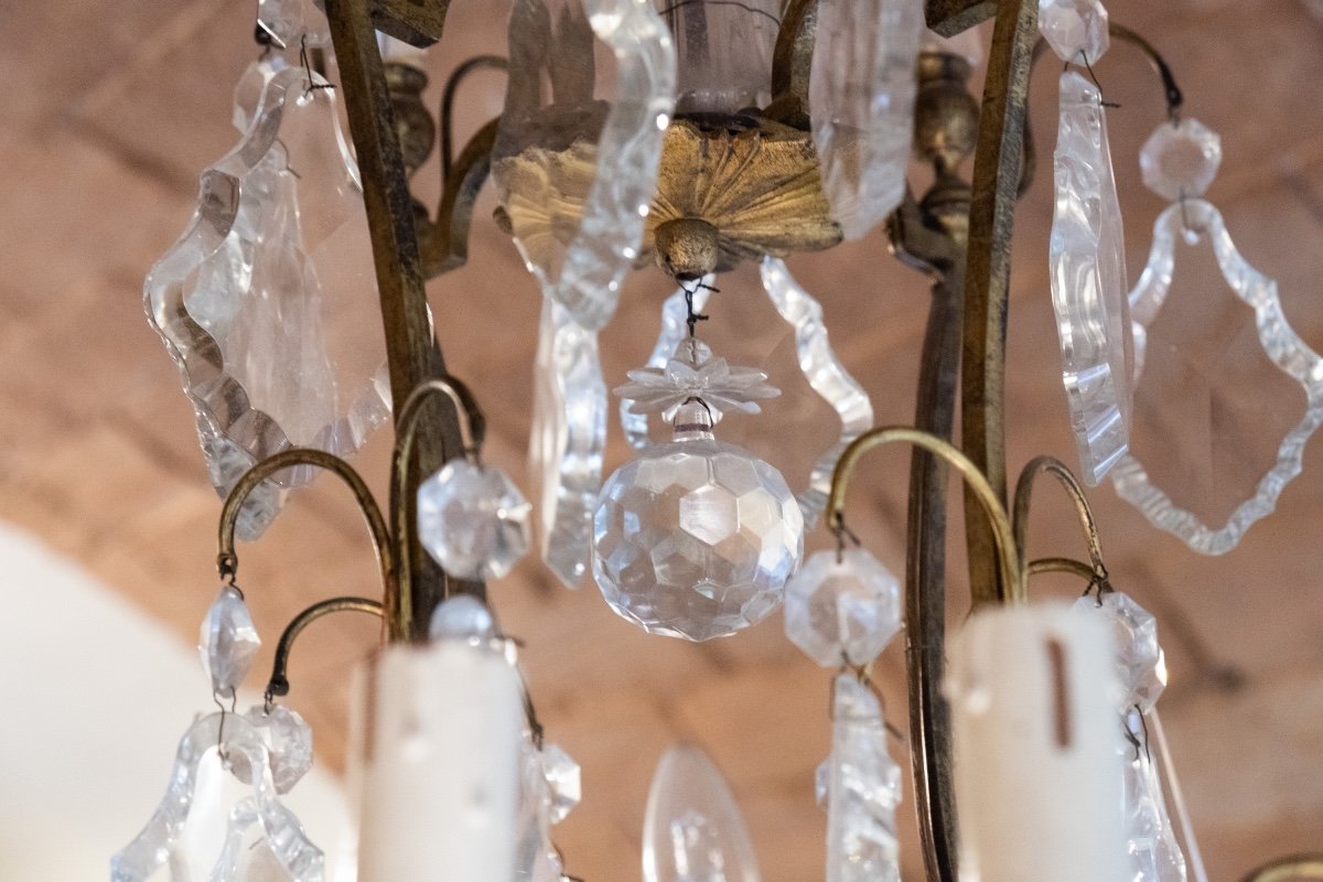 Louis XV Style Cage Chandelier, Maria Theresa Taste, Pyramid Crystals And Fluted Glass Center