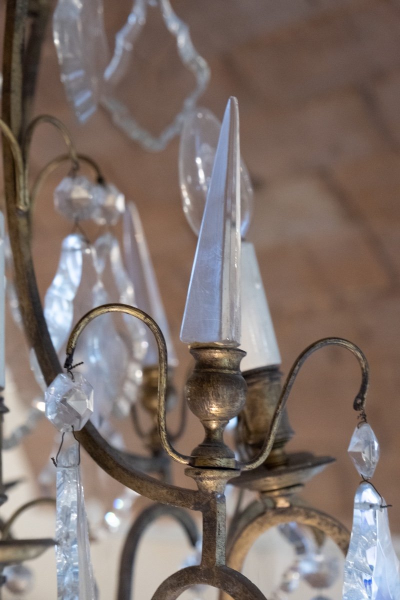 Louis XV Style Cage Chandelier, Maria Theresa Taste, Pyramid Crystals And Fluted Glass Center