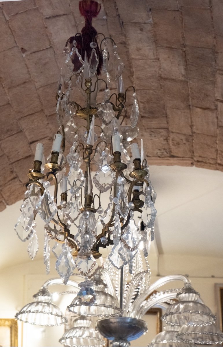 Louis XV Style Cage Chandelier, Maria Theresa Taste, Pyramid Crystals And Fluted Glass Center