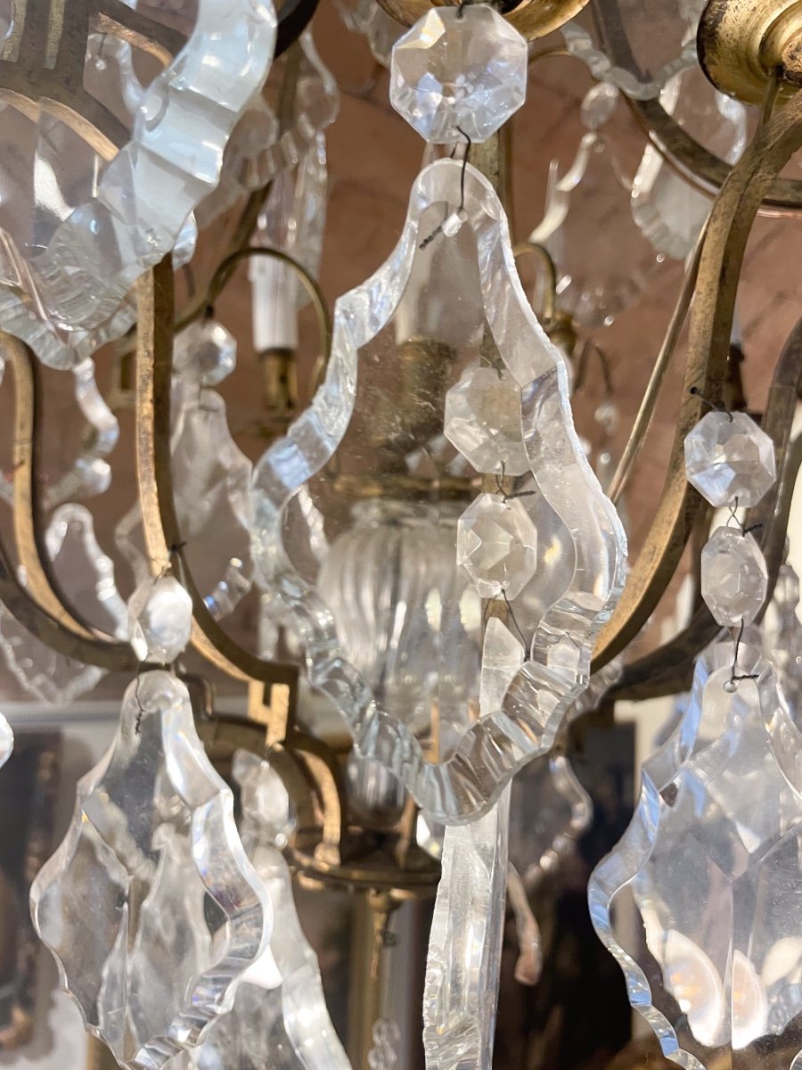 Louis XV Style Cage Chandelier, Maria Theresa Taste, Pyramid Crystals And Fluted Glass Center