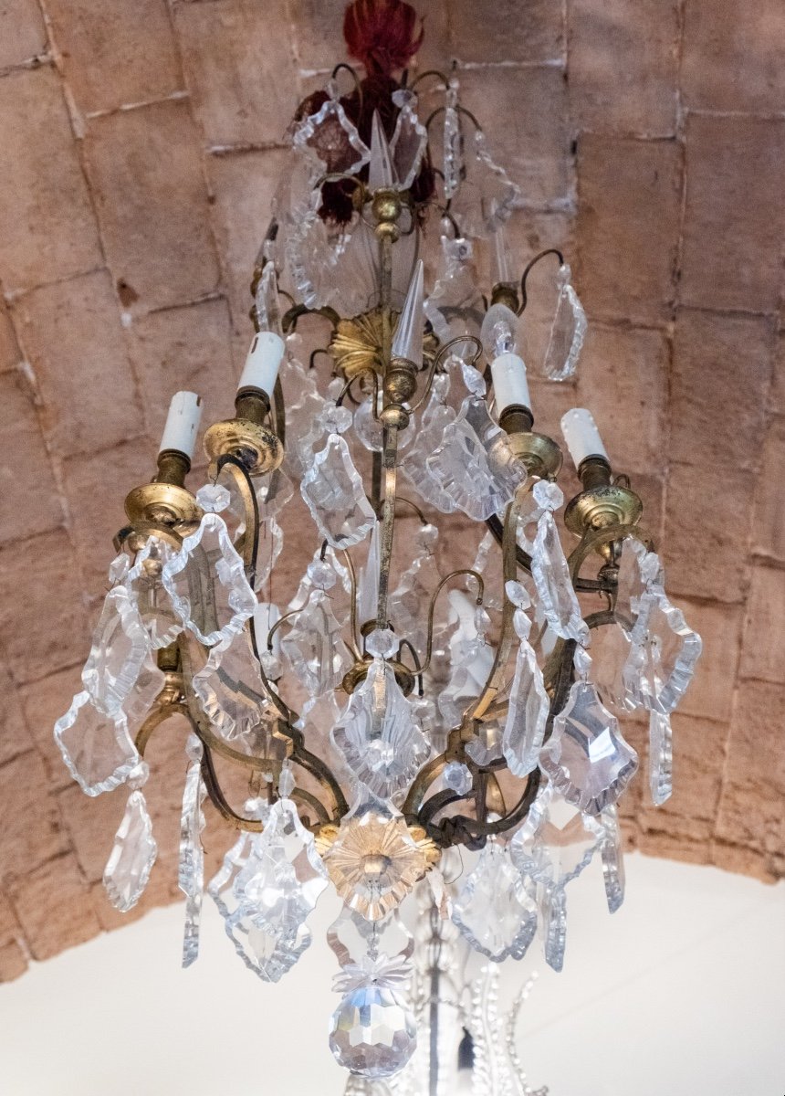 Louis XV Style Cage Chandelier, Maria Theresa Taste, Pyramid Crystals And Fluted Glass Center