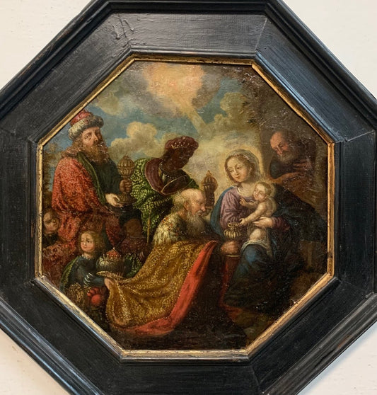 Adoration of three wise men, Epiphany. Octagonal painting on copper. 17th century.