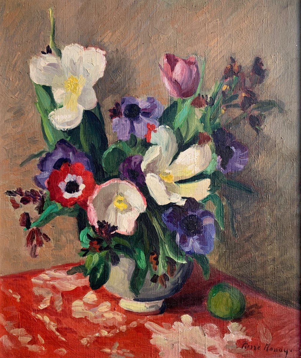 Still Life With Flowers And A Fruit. By Pierre Monay (Nancy, 1896 – Morges, 1974), Signed