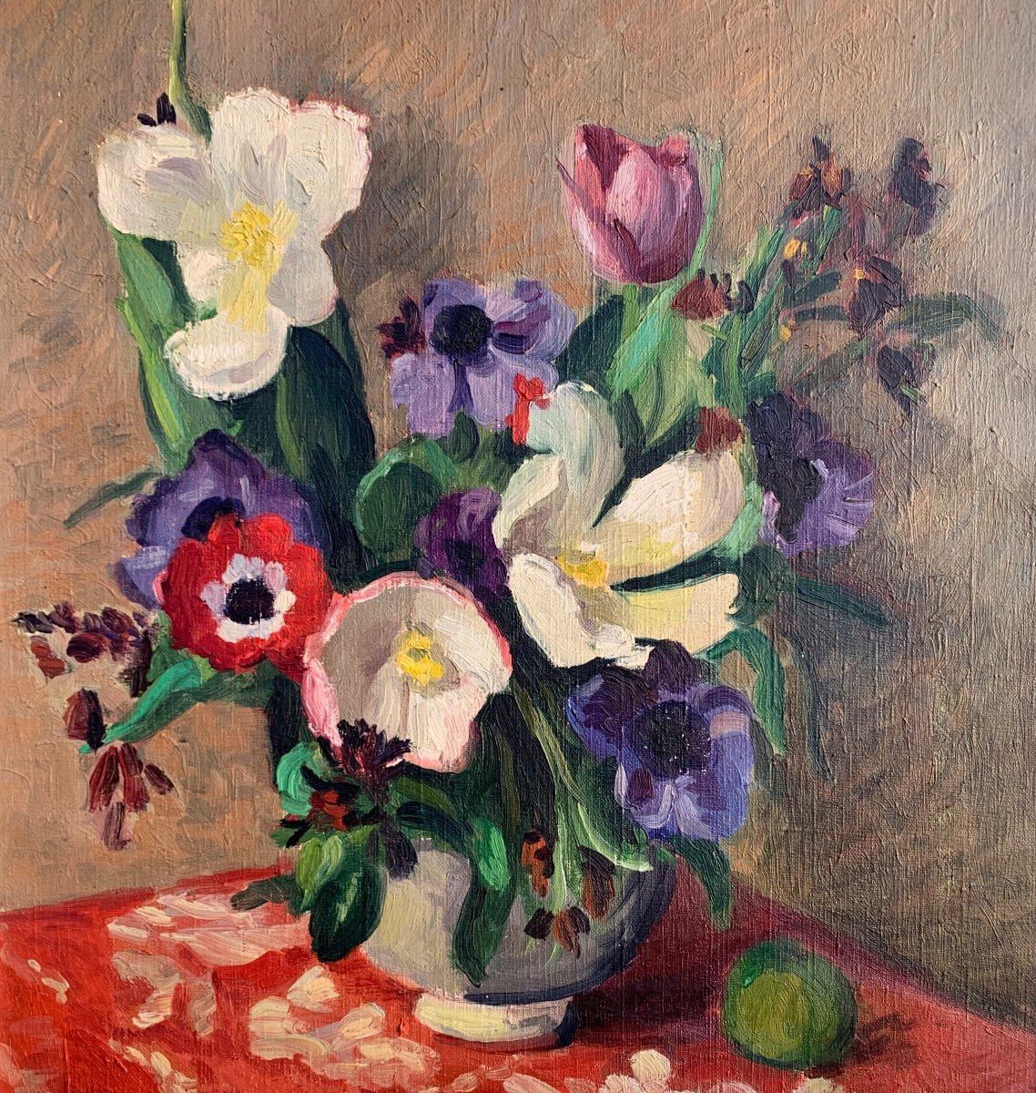 Still Life With Flowers And A Fruit. By Pierre Monay (Nancy, 1896 – Morges, 1974), Signed