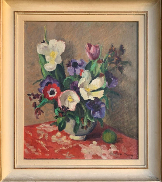 Still Life With Flowers And A Fruit. By Pierre Monay (Nancy, 1896 – Morges, 1974), Signed