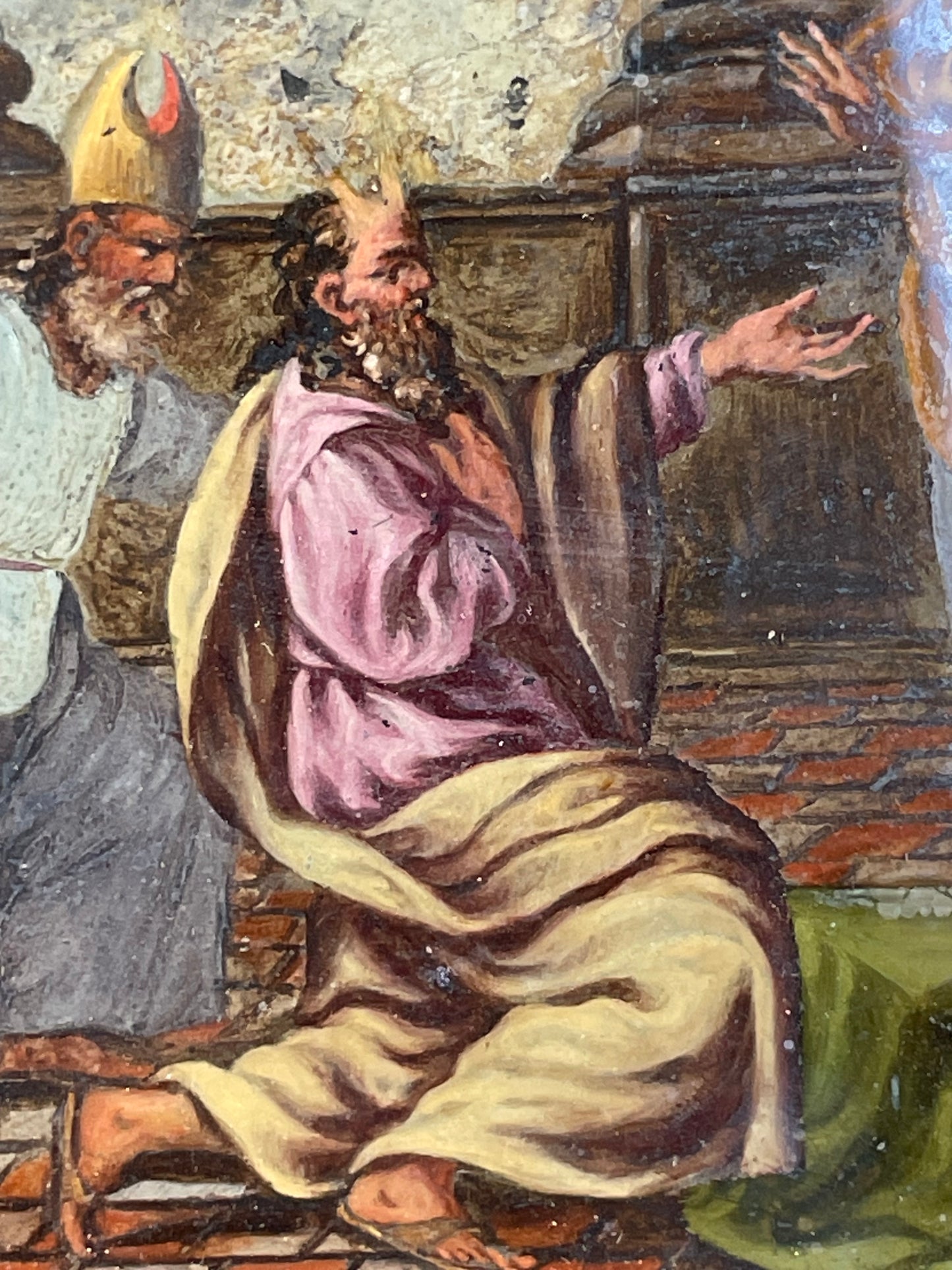 Mosè e Aronne davanti al Faraone, pittura sottovetro, cornice originale. 17 secolo