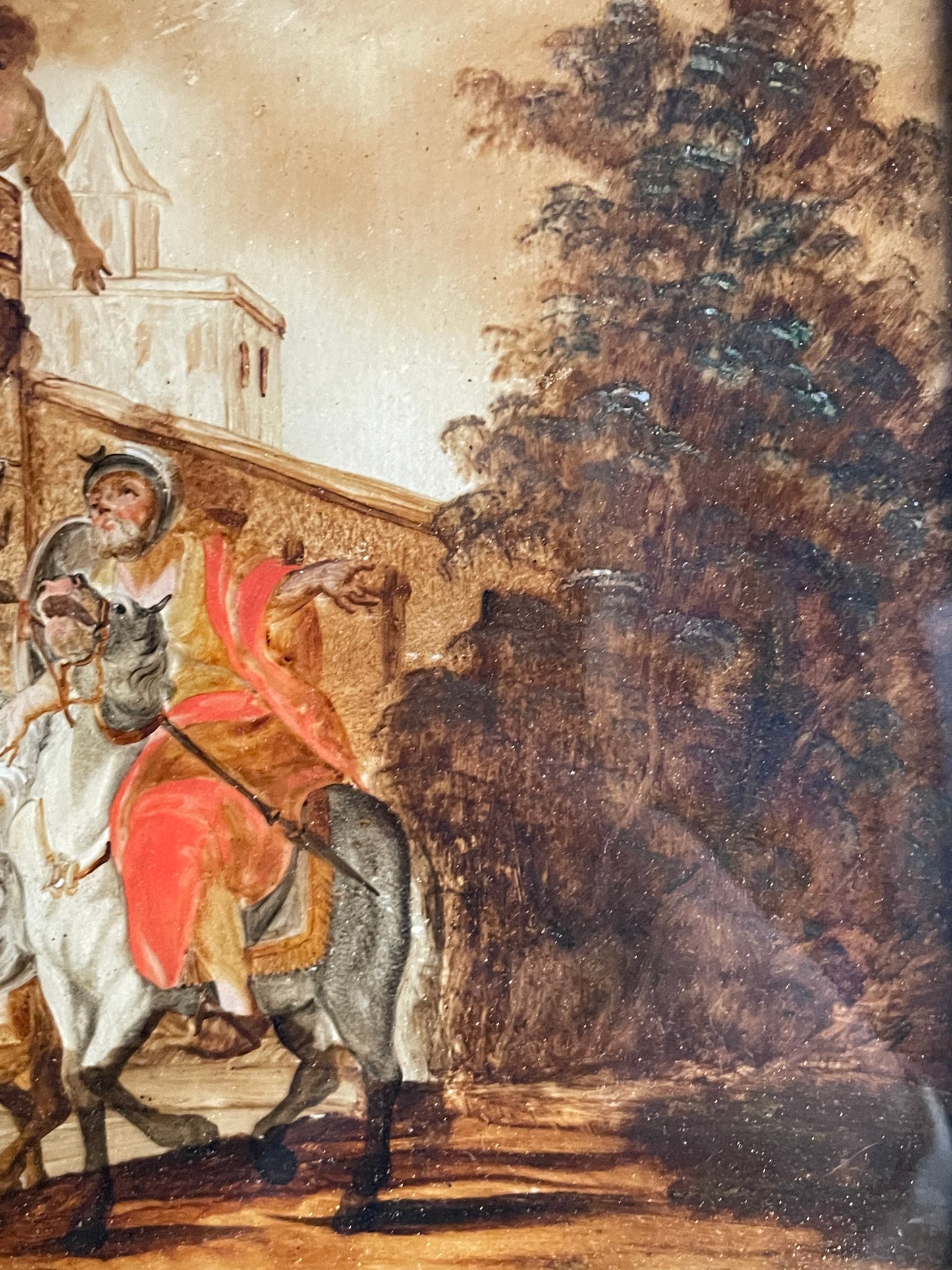 Dipinto sottovetro con scena di assedio, cavalieri e tende militari, XVIII secolo, Venezia (?)