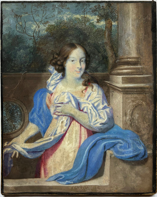 Ritratto di scuola olandese, circa 1670, giovane dama nel giardino davanti a balaustra