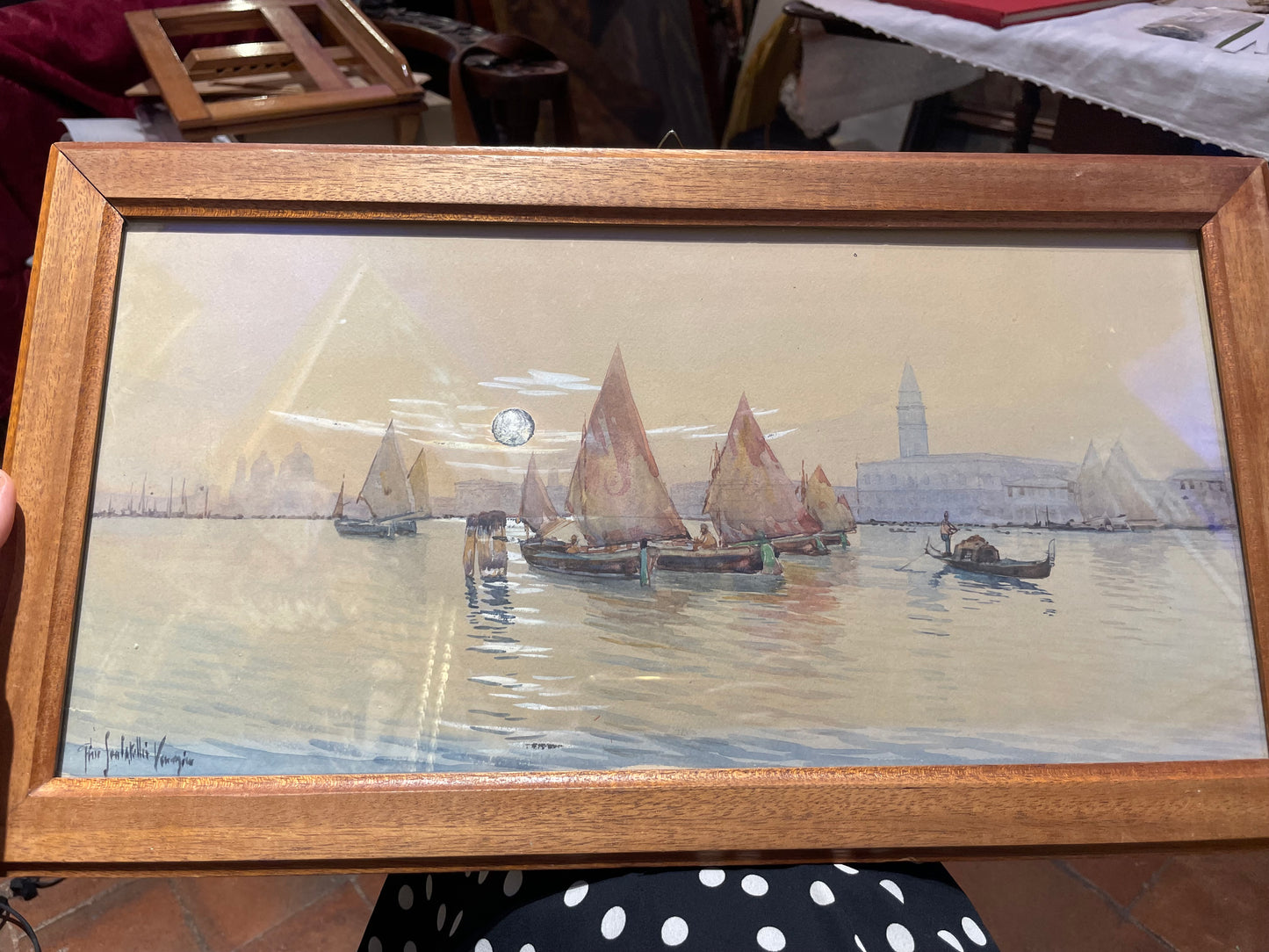 Gino Scalatelli. Veduta di Venezia dalla Giudecca con bragozzi a vela al terzo