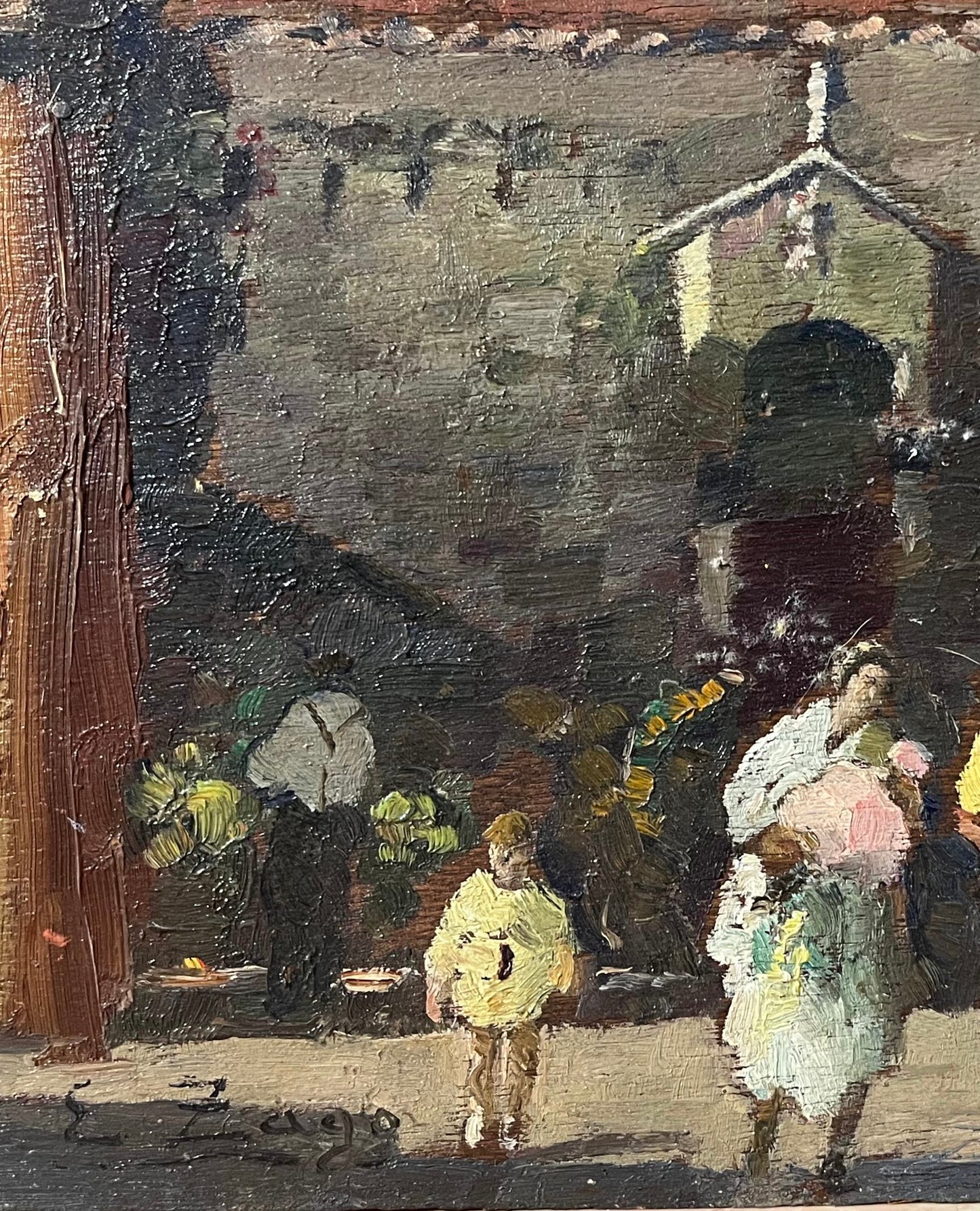 Erma Zago (1880-1942), Piccola veduta di Venezia con mercato presso una chiesa