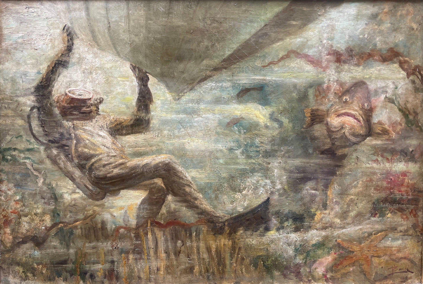 Subacqueo con cernia sotto una barca - Metà del XX secolo. Cm 99 x 74