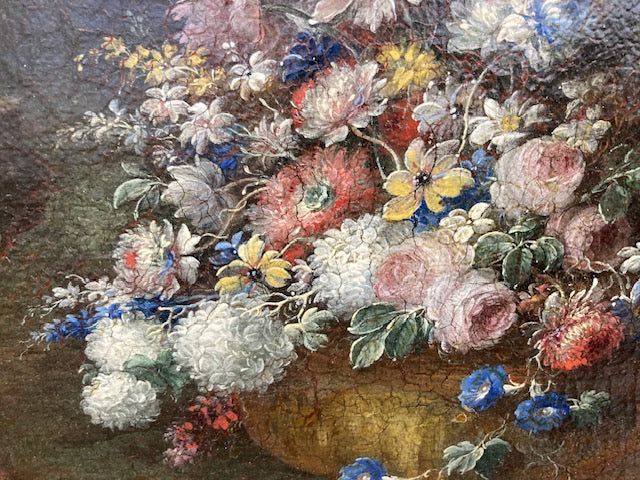 Gaspare Lopez, attribuzione Natura morta con grande vaso e cascata di fiori in un giardino, Napoli, c. 1720