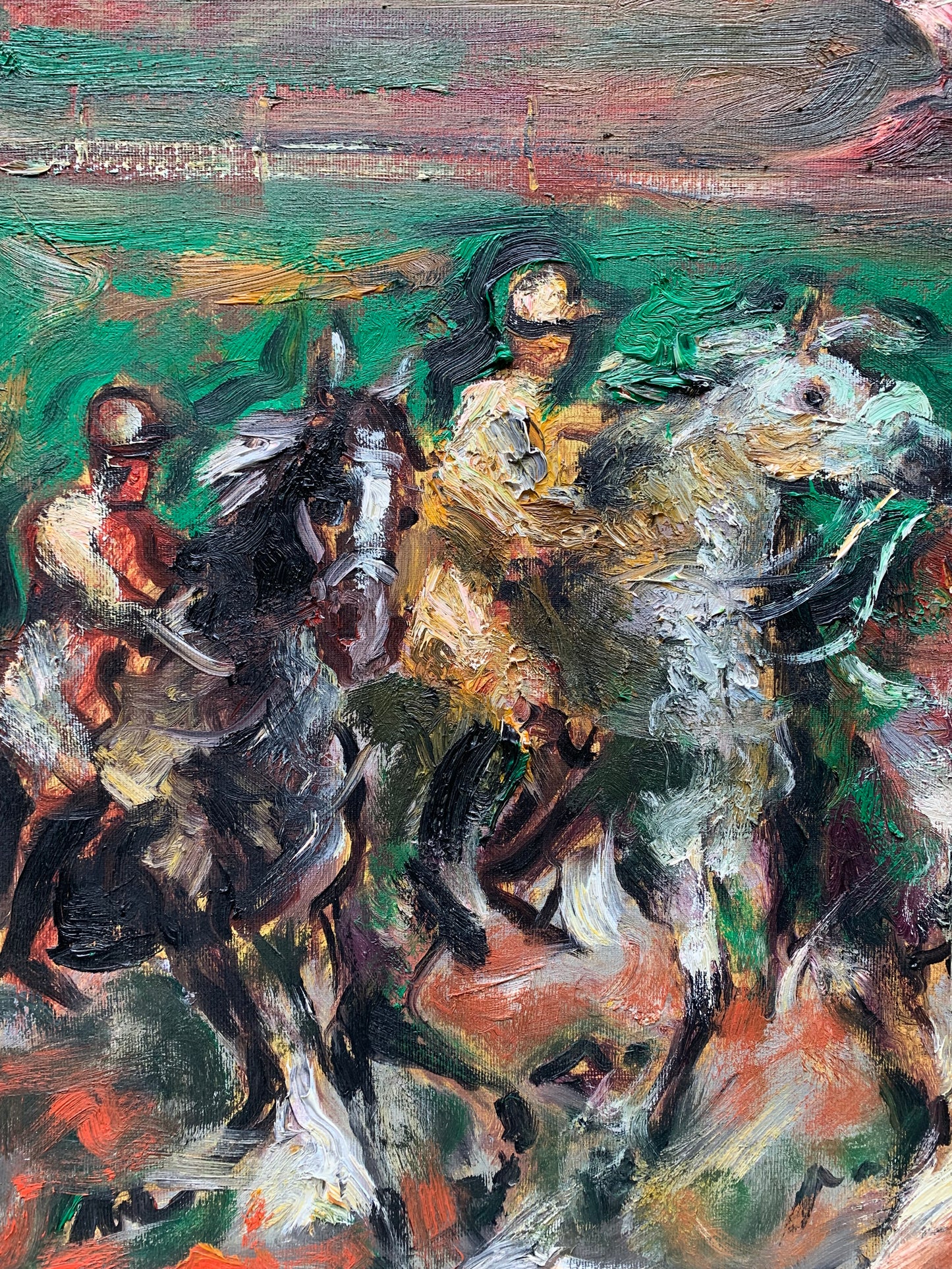 At the Racetrack, horses in the Cascine, Florence. Painting by Emanuele Cappello, born in 1936