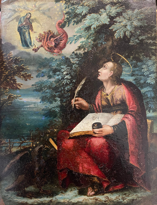 Saint John the Evangelist on Patmos. Apocalyptic Vision with the Virgin and the Dragon, Flemish School, ca. 1620