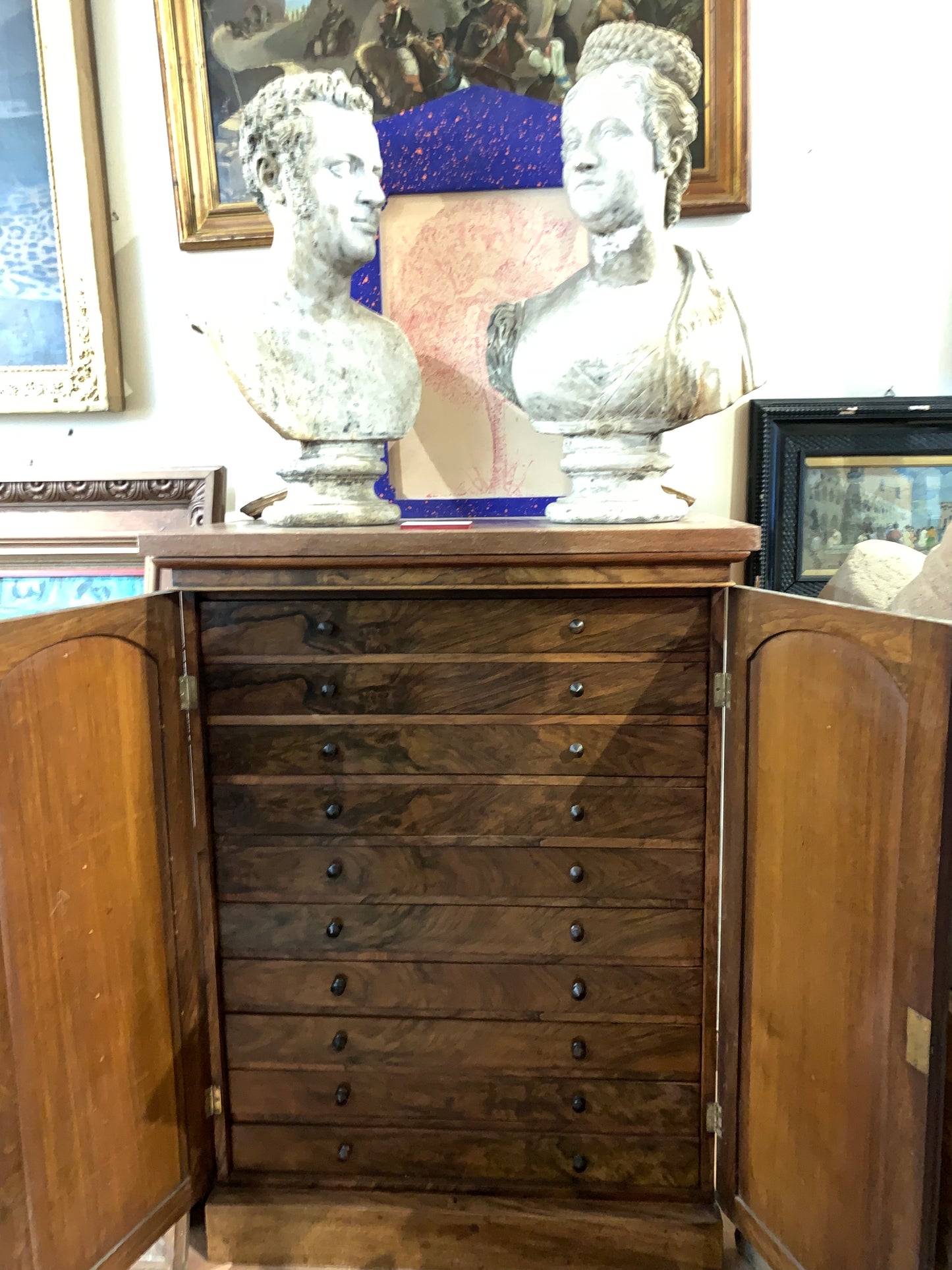 Drawer Archive Cabinet for Documents and Maps, 19th Century, Walnut Veneered Wood with Scagliola Top