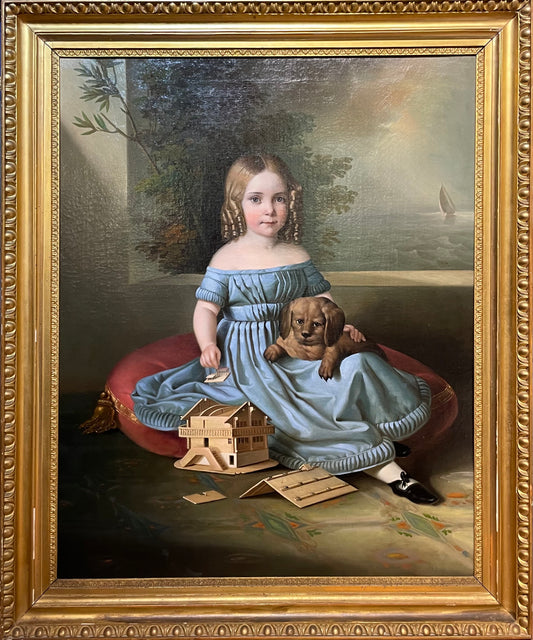 Portrait of a Young Girl with Dog and Tyrolean House Model
Romantic period, circa 1835. Northern Italy or Austria