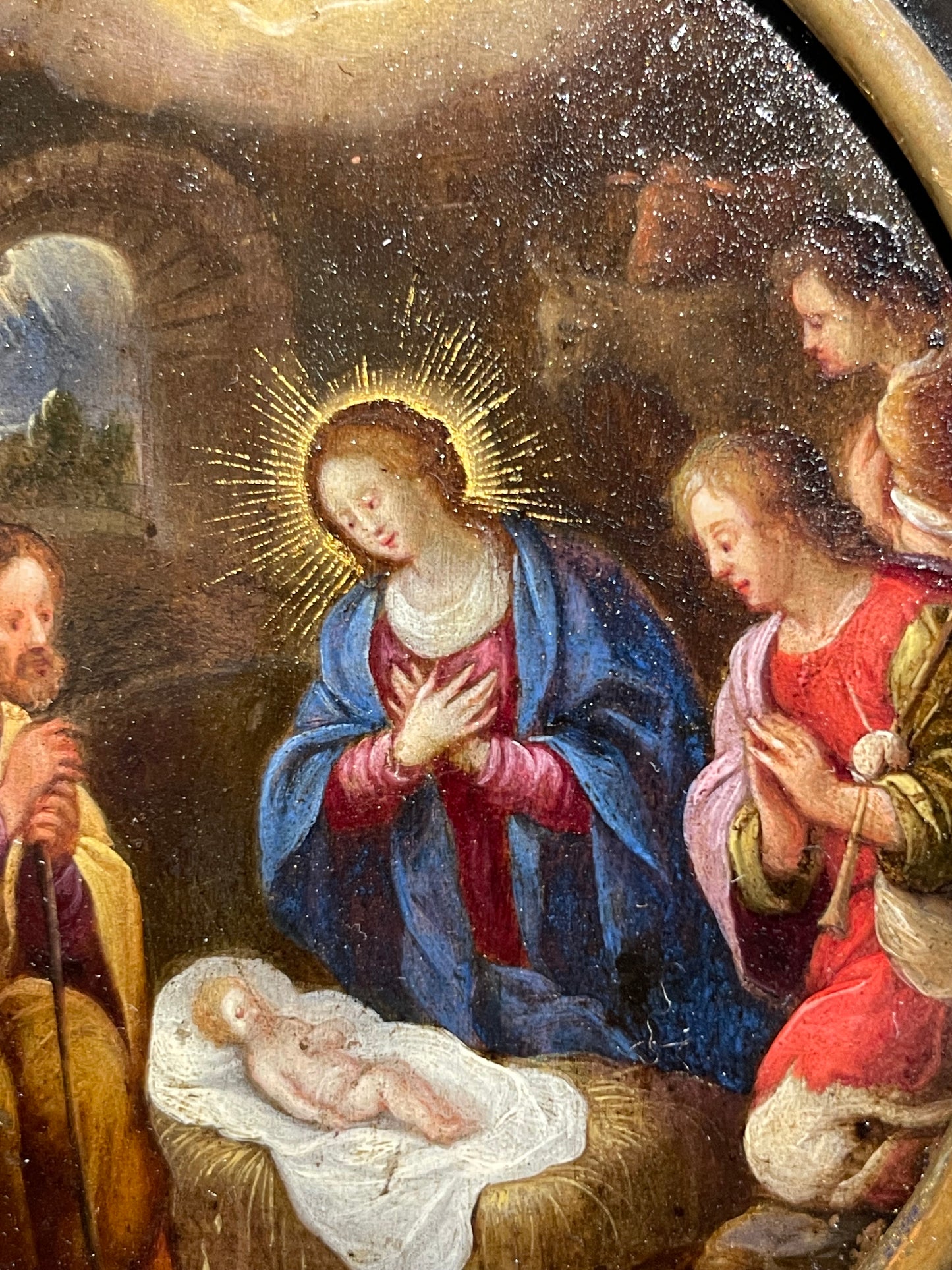 Reserved adorazione dei pastori. Scuola fiamminga, XVII secolo. Olio su rame