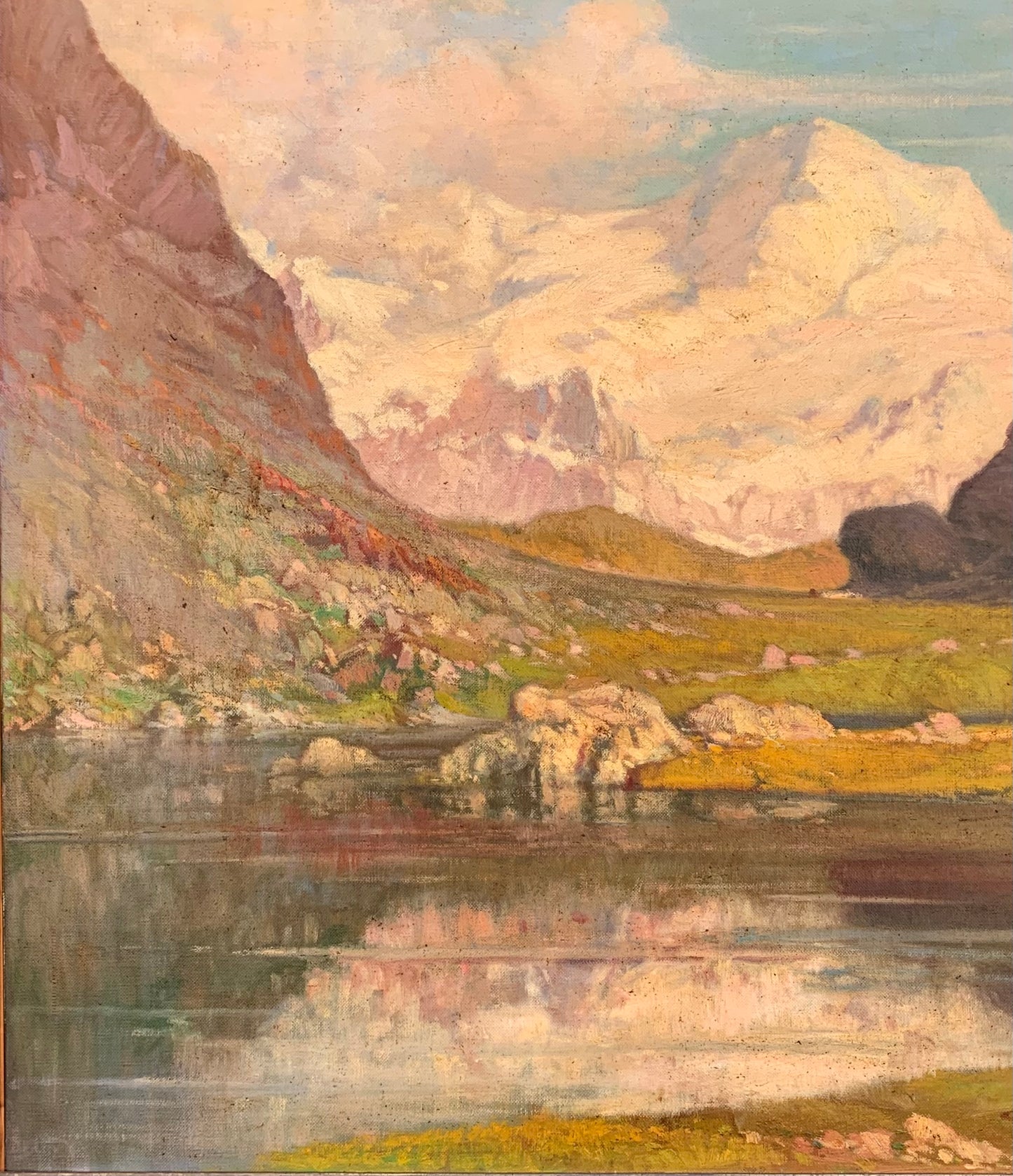 Ligurian Alps landscape with snow-capped peaks tinted by pink light. By Cesare Bentivoglio (Genoa,1868-1952)