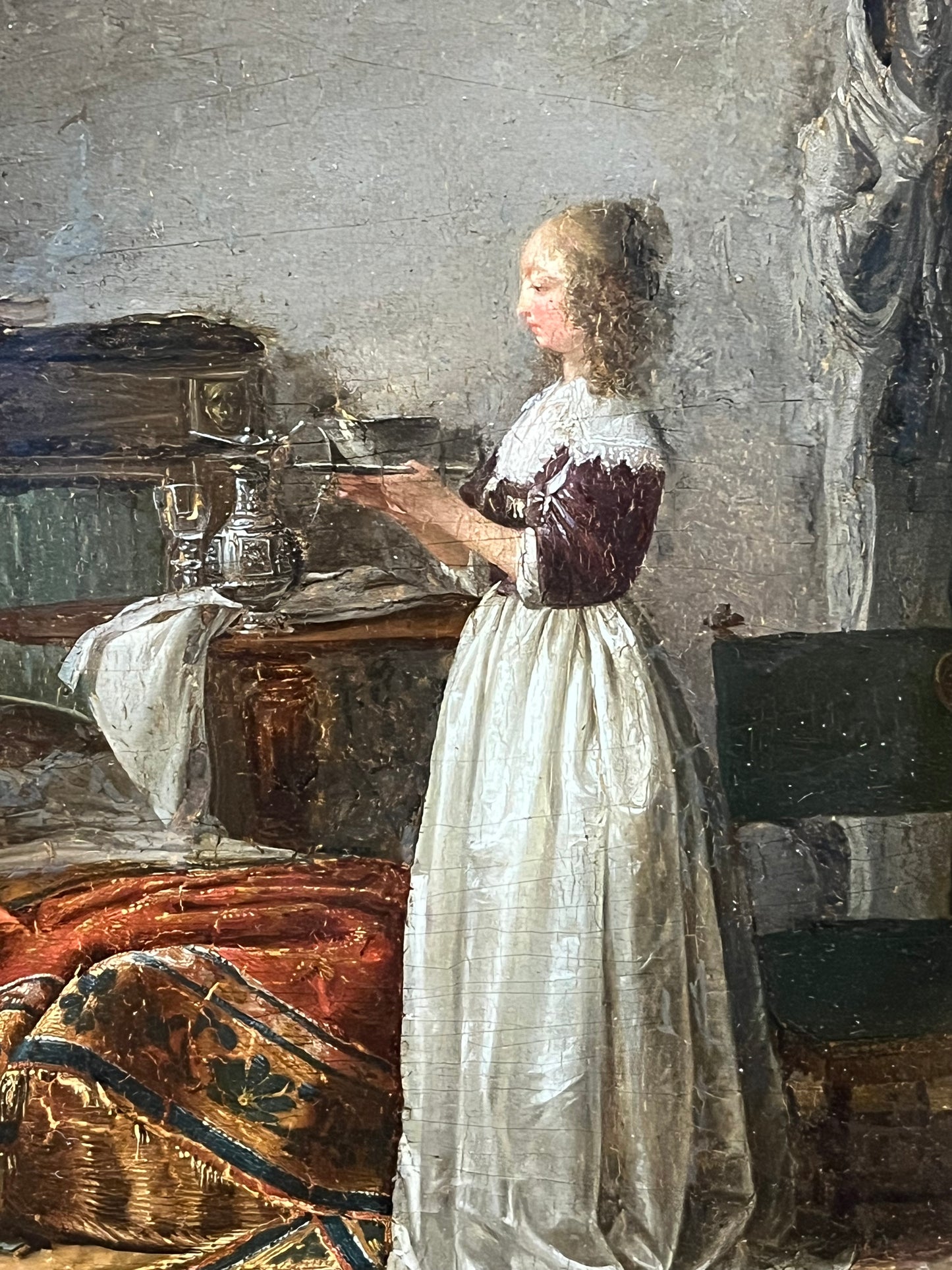 Jean-Baptiste Mallet (1759–1835), attribuito – Interno seicentesco con madre, bambini e musico con liuto