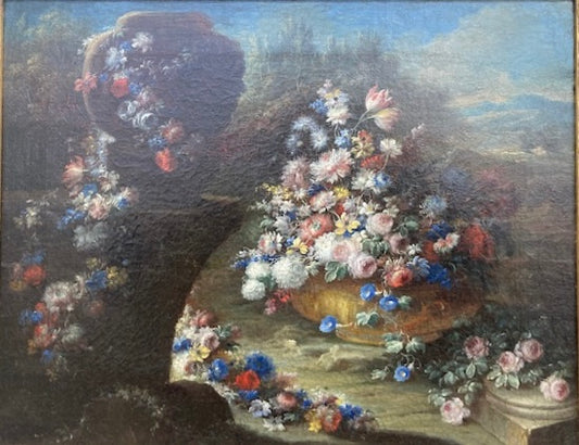 Gaspare Lopez, attribuzione Natura morta con grande vaso e cascata di fiori in un giardino, Napoli, c. 1720