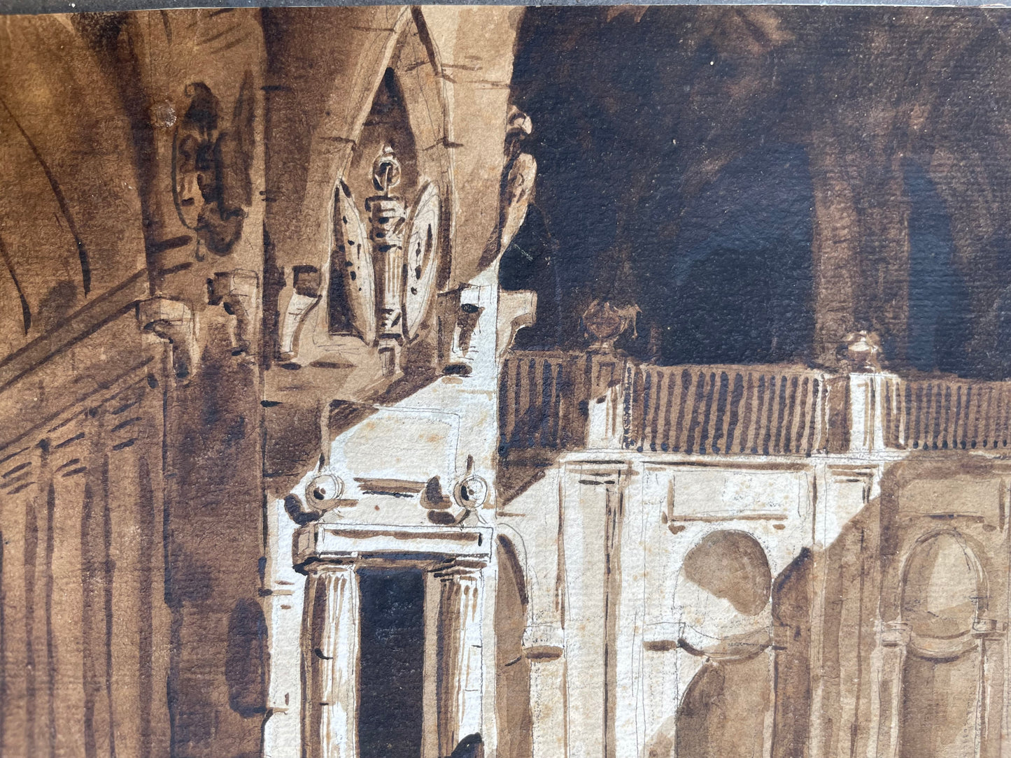 Scenografia architettonica con monumento a trofei, moro prigioniero e leoni. Amb. Fontanesi
