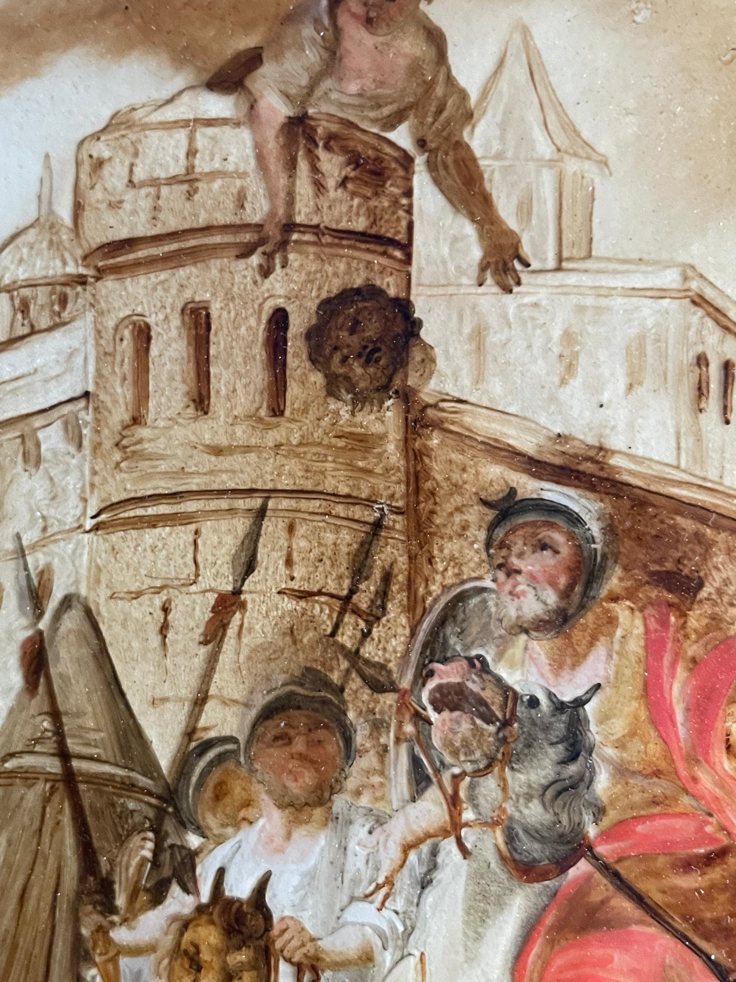 Dipinto sottovetro con scena di assedio, cavalieri e tende militari, XVIII secolo, Venezia (?)