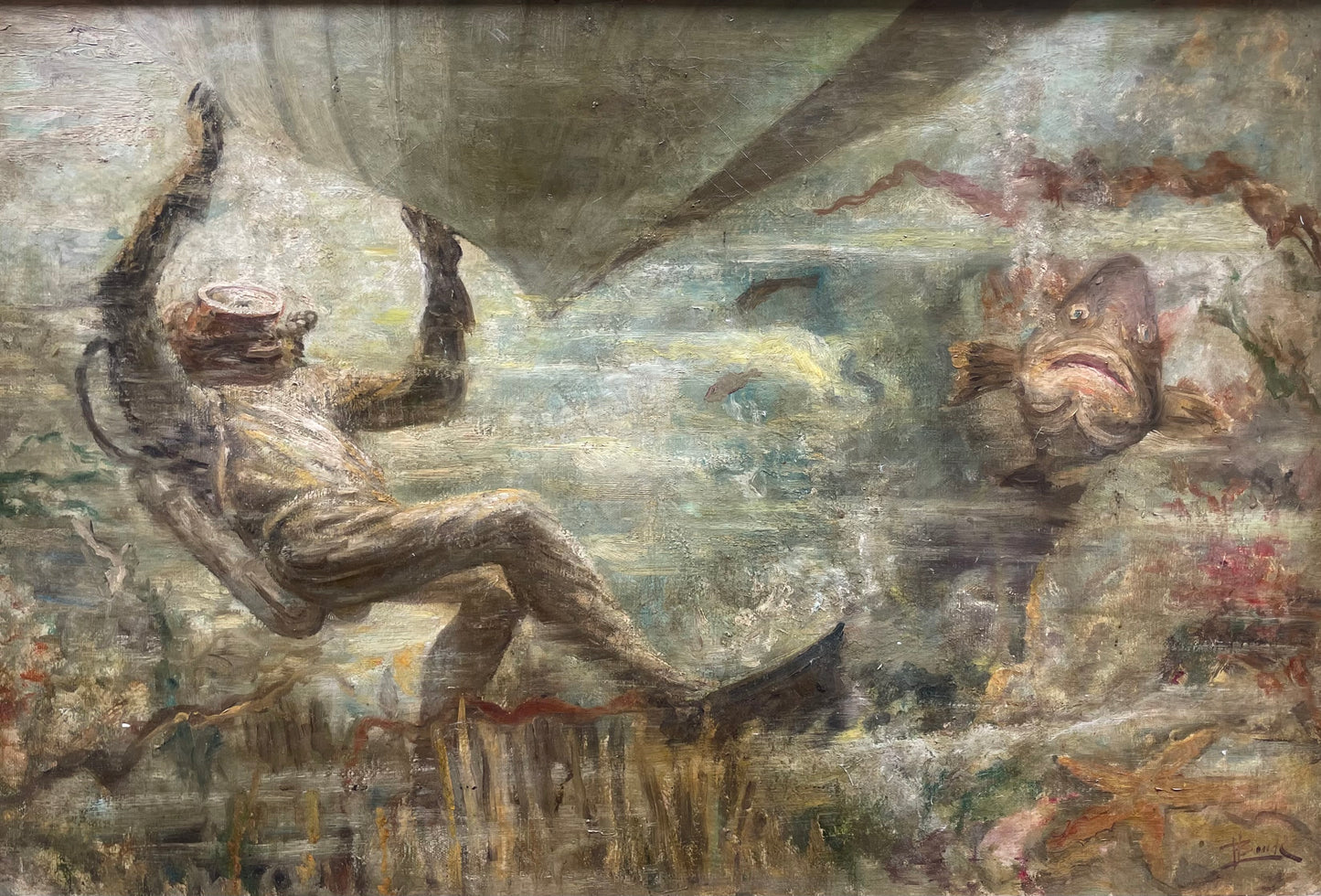 Subacqueo con cernia sotto una barca - Metà del XX secolo. Cm 99 x 74