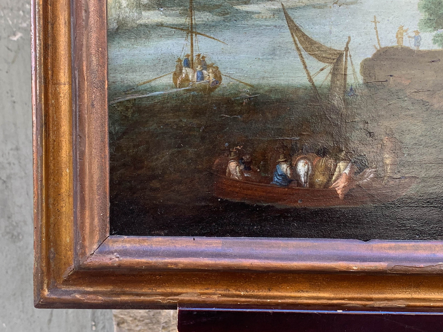 Paesaggio roccioso con barche, uomini e cavalli. XVII secolo. Pittore del manors Europa attivo in Italia