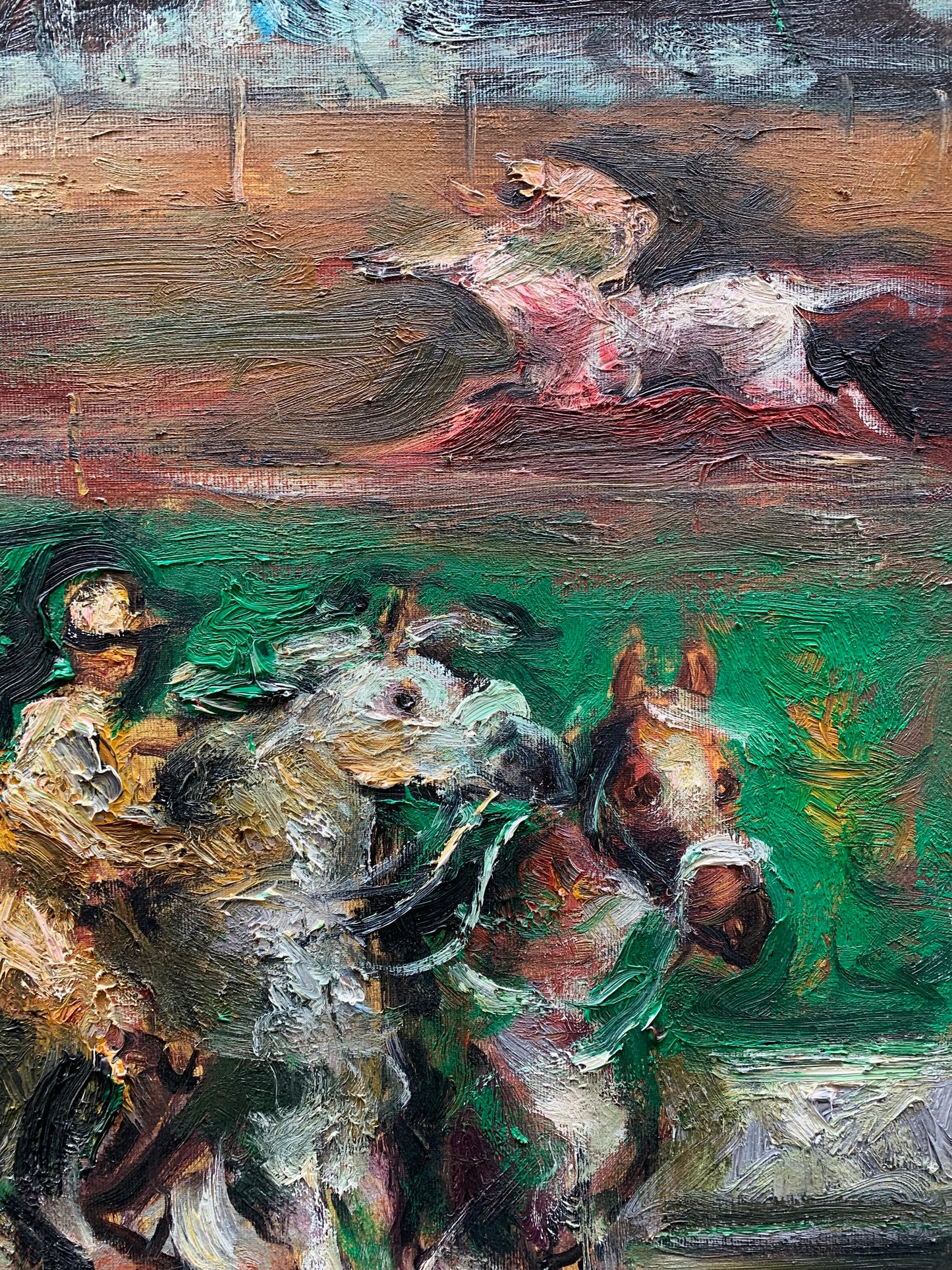 At the Racetrack, horses in the Cascine, Florence. Painting by Emanuele Cappello, born in 1936