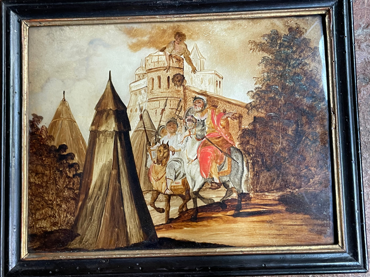 Dipinto sottovetro con scena di assedio, cavalieri e tende militari, XVIII secolo, Venezia (?)