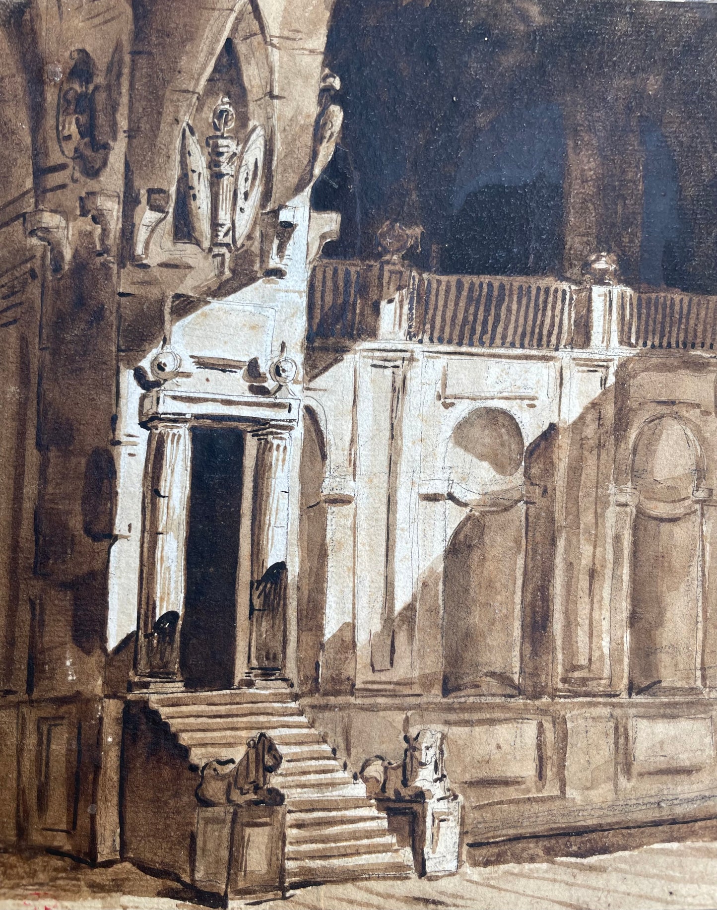 Scenografia architettonica con monumento a trofei, moro prigioniero e leoni. Amb. Fontanesi