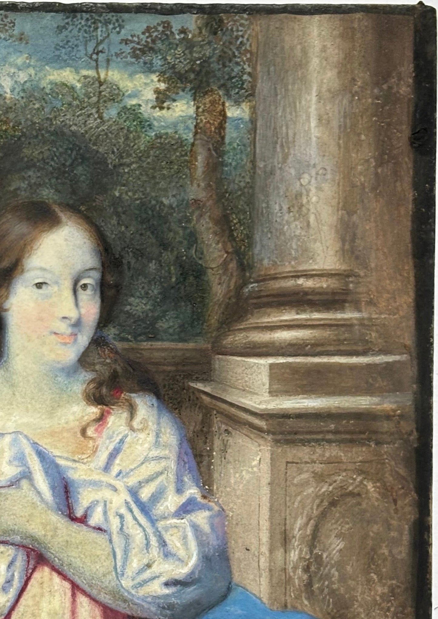 Ritratto di scuola olandese, circa 1670, giovane dama nel giardino davanti a balaustra