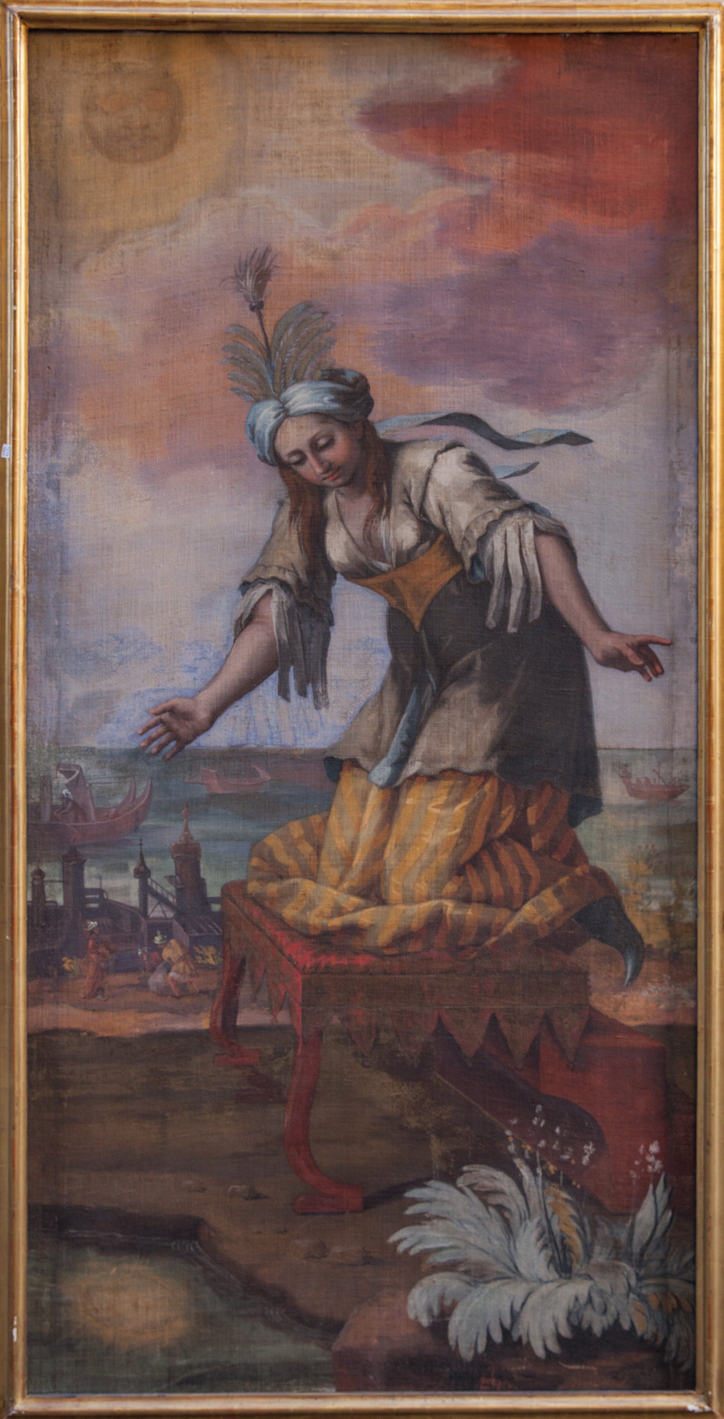 Late XVII century painting. Oriental Woman in Yellow Dress and Feathered Turban