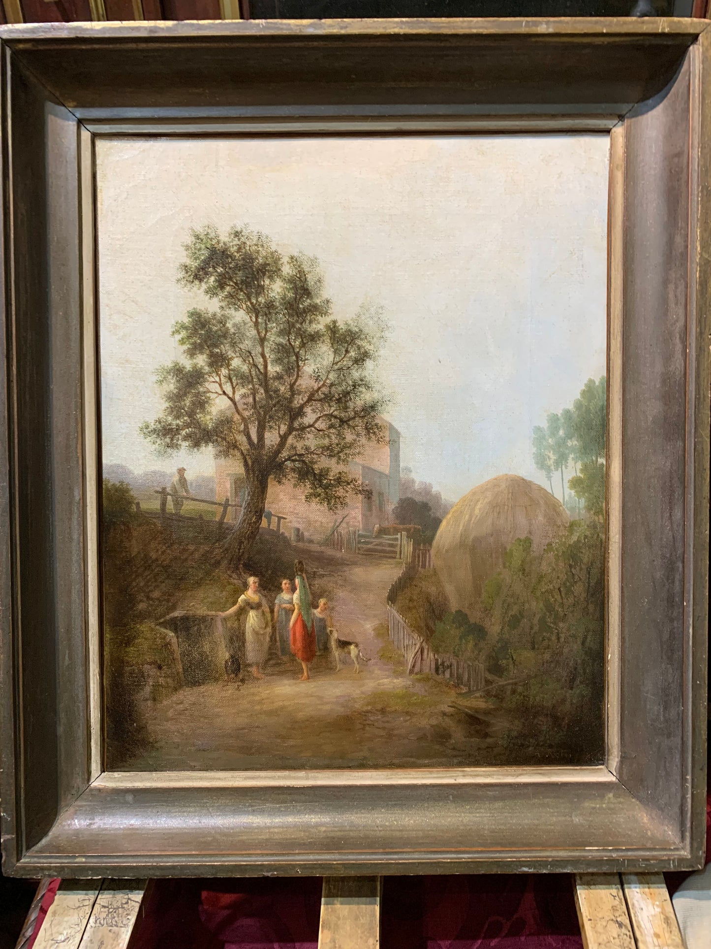 Rural scene with peasant women and countryside landscape. XIX century. Signed A. Retti (?)