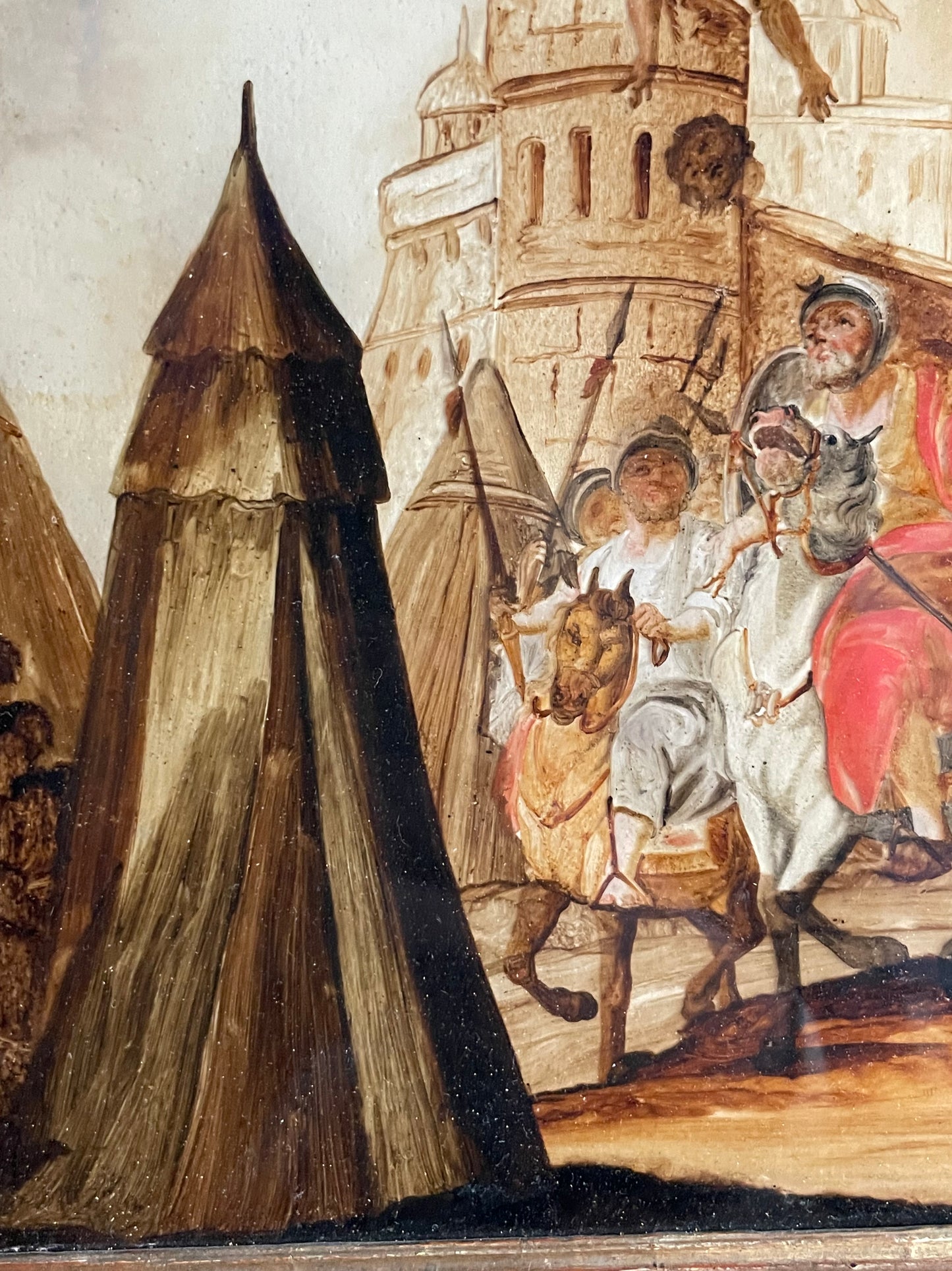 Dipinto sottovetro con scena di assedio, cavalieri e tende militari, XVIII secolo, Venezia (?)