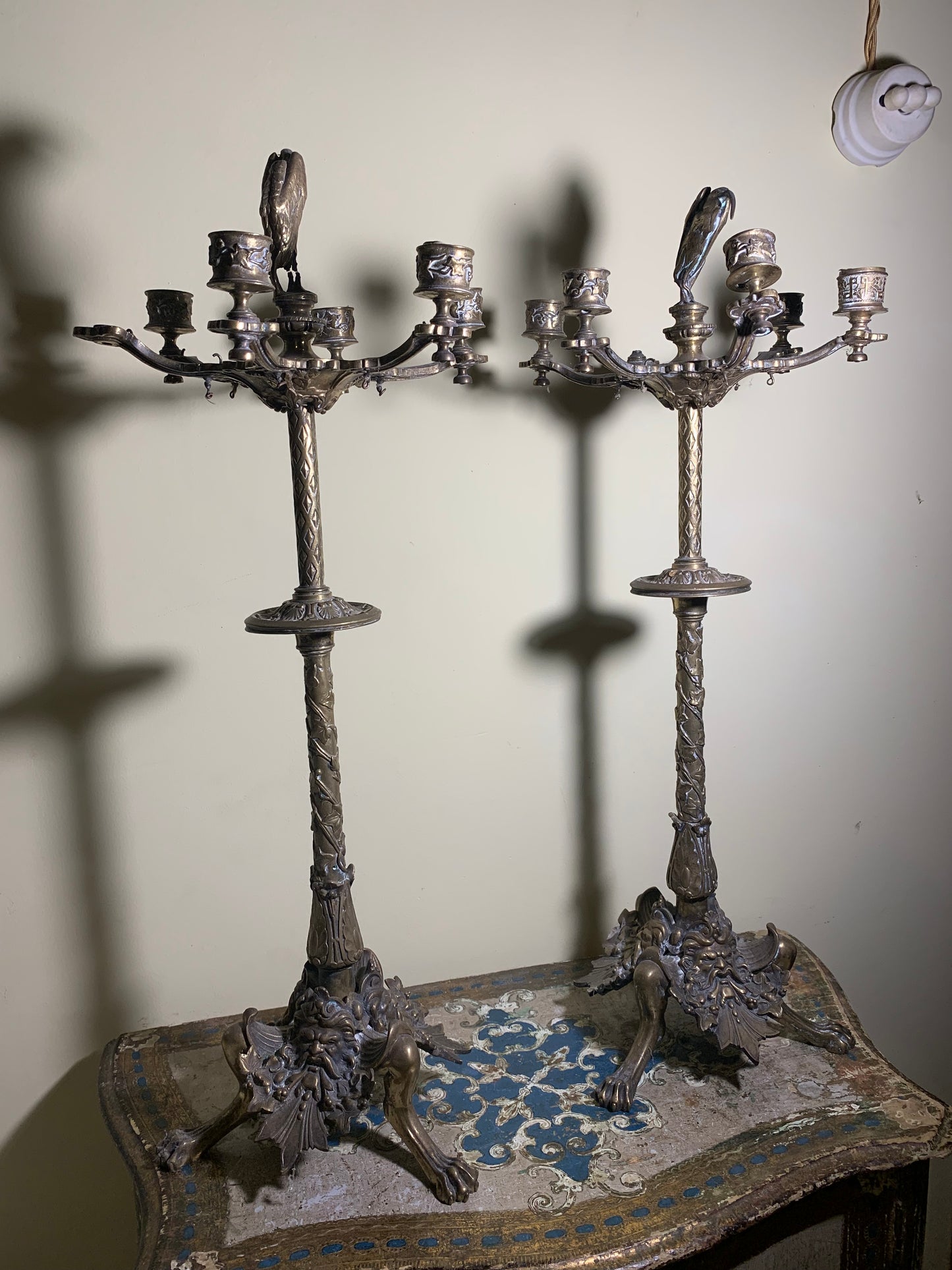 Art Nouveau Bronze Candelabras with Herons and Masks - Eclectic Style with French Influence (1880-1890)