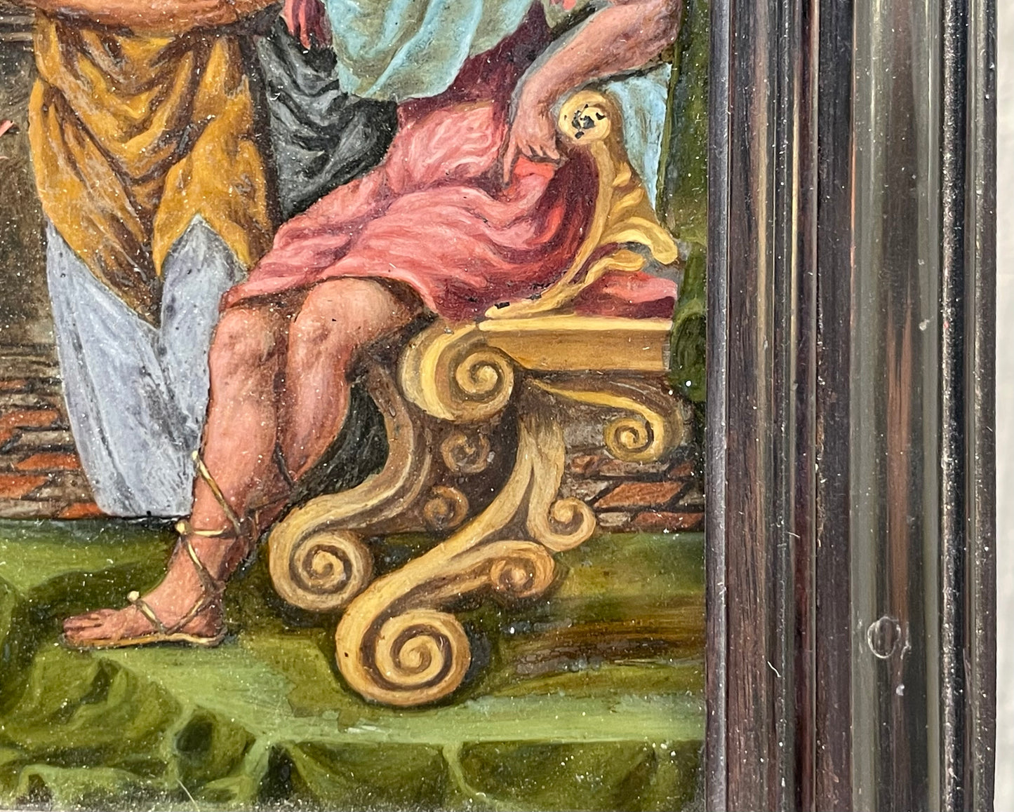 Mosè e Aronne davanti al Faraone, pittura sottovetro, cornice originale. 17 secolo
