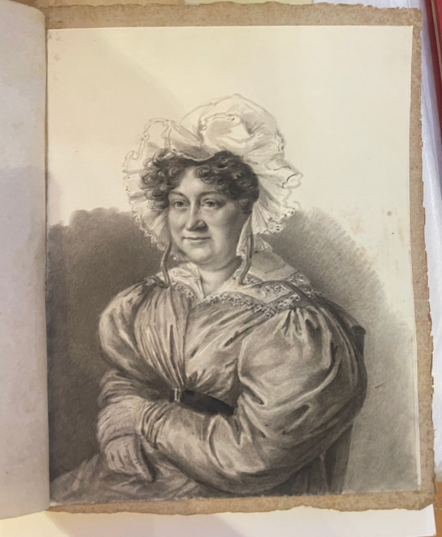 Ritratto a carboncino di dama con la cuffia . Circa 1830