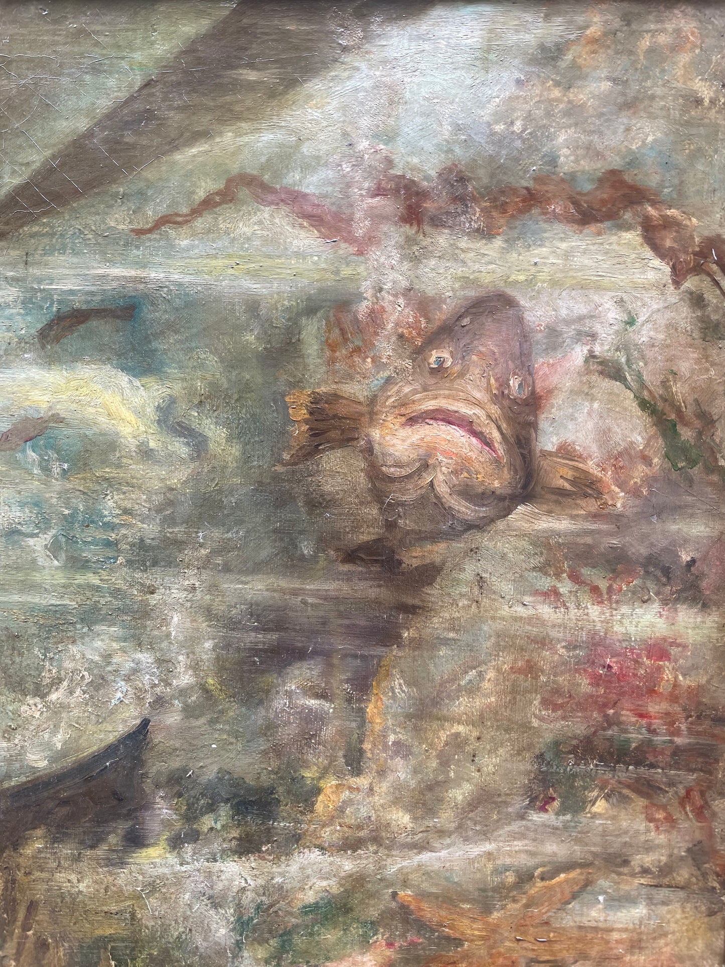 Subacqueo con cernia sotto una barca - Metà del XX secolo. Cm 99 x 74